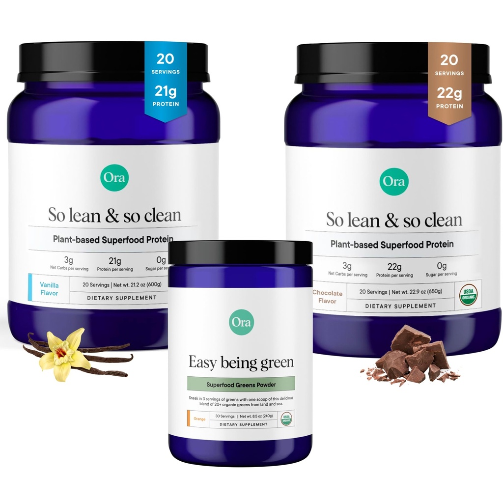 Ora Organic Vegan Protein Powder Chocolate, Vanila & Greens Powder Bundle: 22g Plant Based, Chocolate, 20 Servings + 21g Plant Based, Vanille, 20 Servings + Biologische Super Greens Drink, 30 Servings