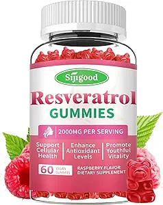 2000mg Biologische Resveratrol Gummies voor Vrouwen - Suikervrije Resveratrol-Nutritional-Suplements voor Antioxidant Ondersteuning, Cellular Health, Immuniteit, Hersenen & Energie, Raspberry Flavor, 60 Tellen