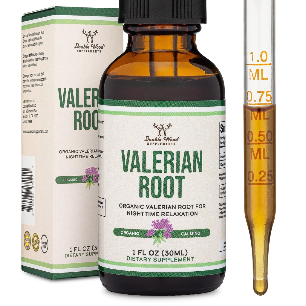 Gouttes de racine valériane pour le sommeil - Extrait de racine valériane biologique 168mg - 1 FL OZ, 30 portions (meilleure Absorbé que les capsules, améliore le thé racine valérian) pour la relaxation et le calme par le double bois