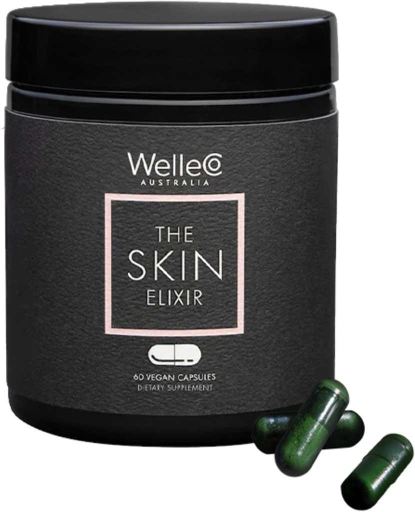 WelleCo The Skin Elixir Greens Powder Capsules with Zink, Kurkuma, Essential Skin Food, Supports Collageen Formation, Gluten Free & Vegan Glowing Skin Supplement, Firmness & Elasticity, 60 Capsules