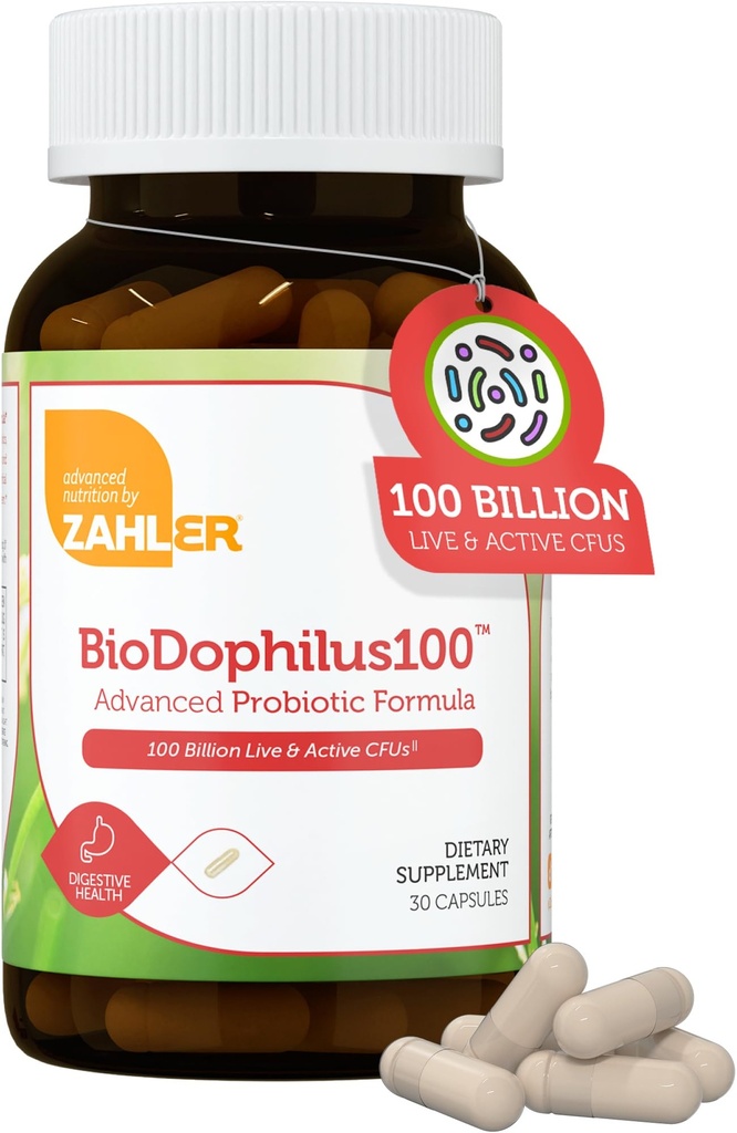 Zahler BioDophilus100-100 Billion Probiotic - 100 Billion CFU 11-Strain Gut Health Probiotic Supplement - Prebiotics/Probiotics for Digestive Health, Probiotics for Women and Men. (30 Ct)