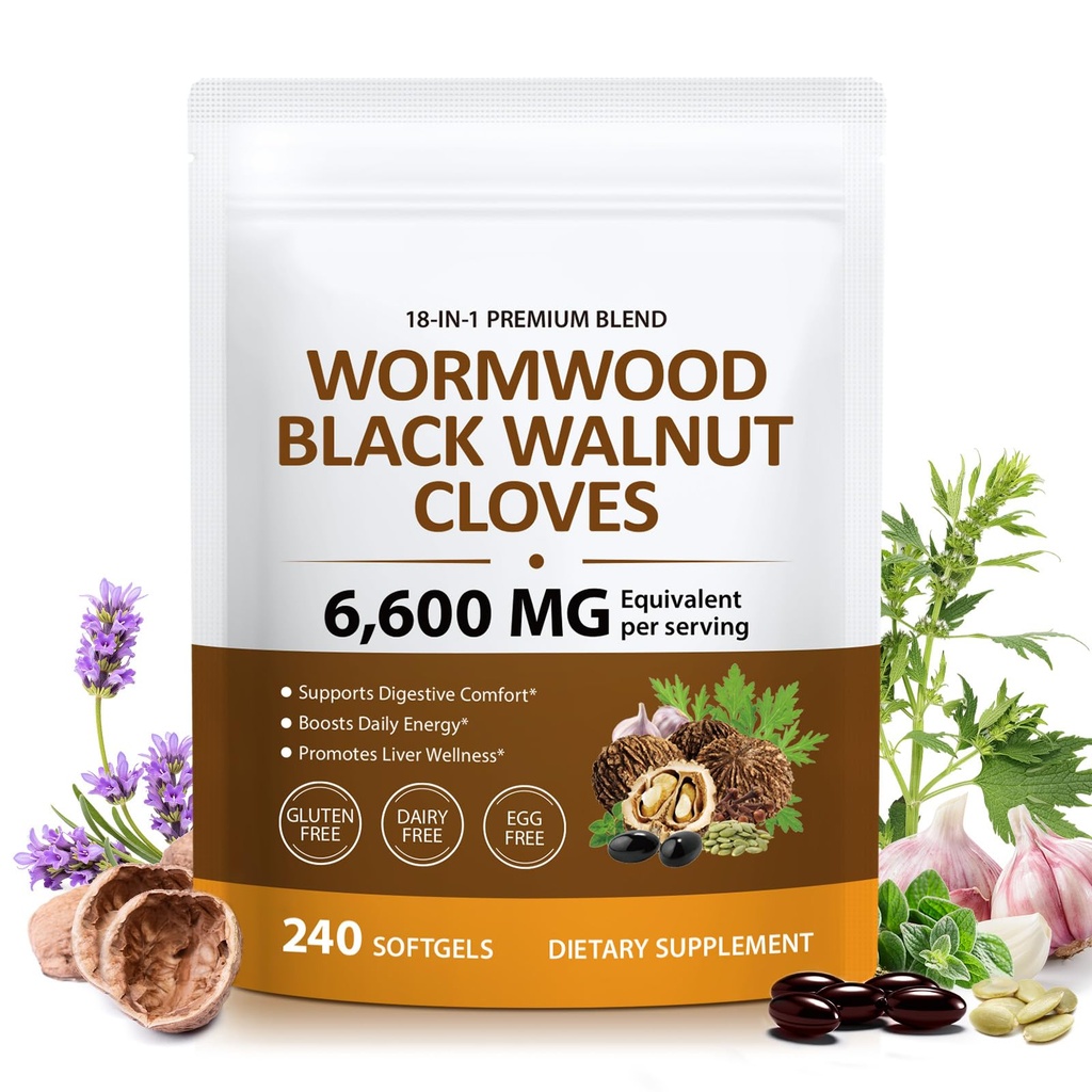 Black Walnut Wormwood Softgels – 18-in-1 Advanced Herbal Complex Supports Gut Cleanse & Digestive Health with Wormwood, Oregano, Clove, Pumpkin Seed & Berberine – 6600mg High Potency, 240 Softgels