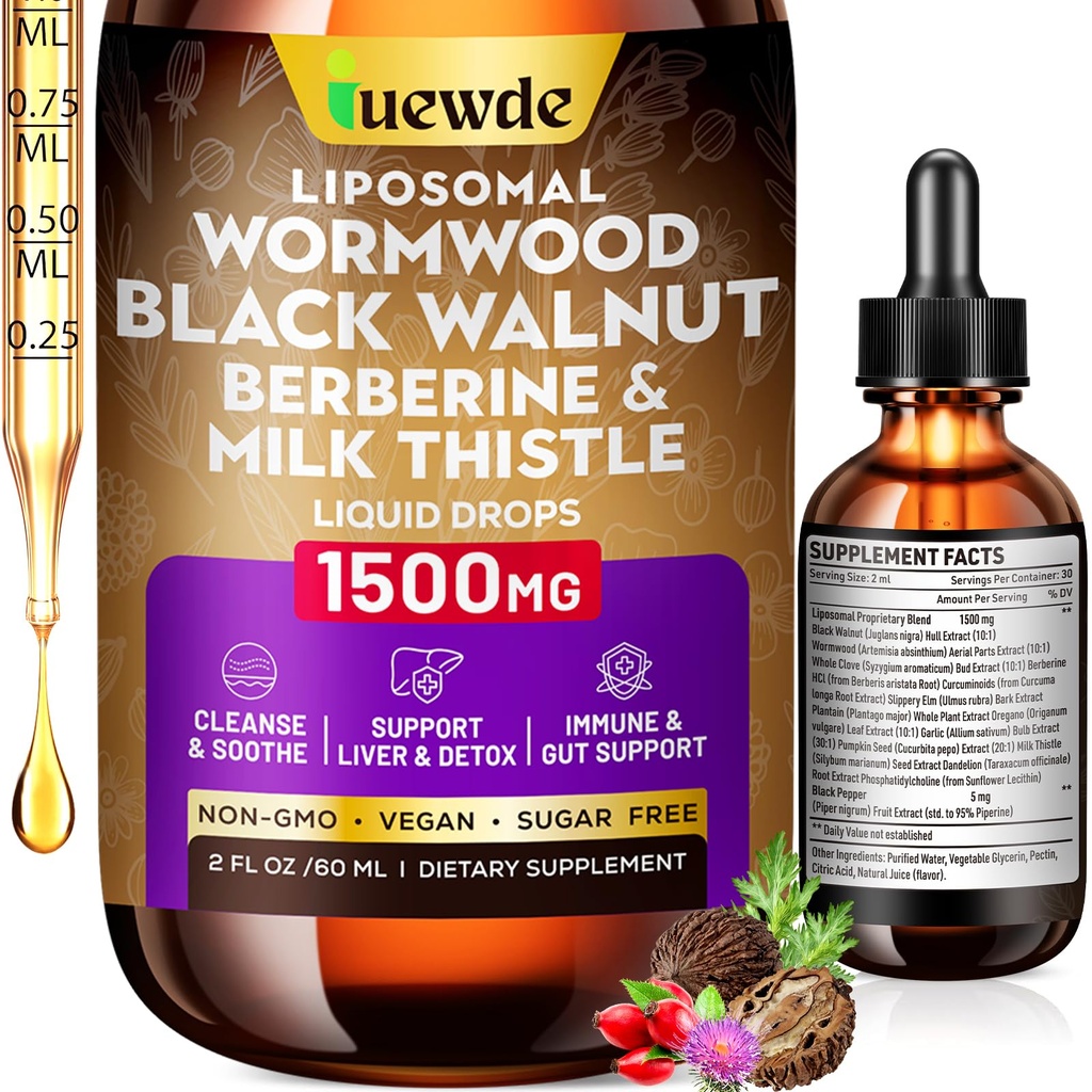 Liposomal Wormwood Black Walnut Clove Parasite Cleanse for Humans Drops Liquid, 1500mg Gentle Gut Cleanse & Digestive Health with Berberine HCl,Garlic ,Pumpkin Seed ,Milk Thistle ,Oregano Tincture