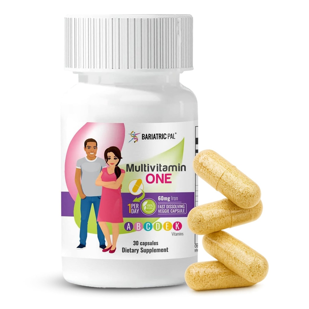 BariatricPal Multivitamin ONE 1 per Day! Bariatric Multivitamin Capsule with 60 mg of Iron | Easy to Swallow Capsule | Vitamin for Bariatric Surgery Patients | 30 Count (1 Month Supply)