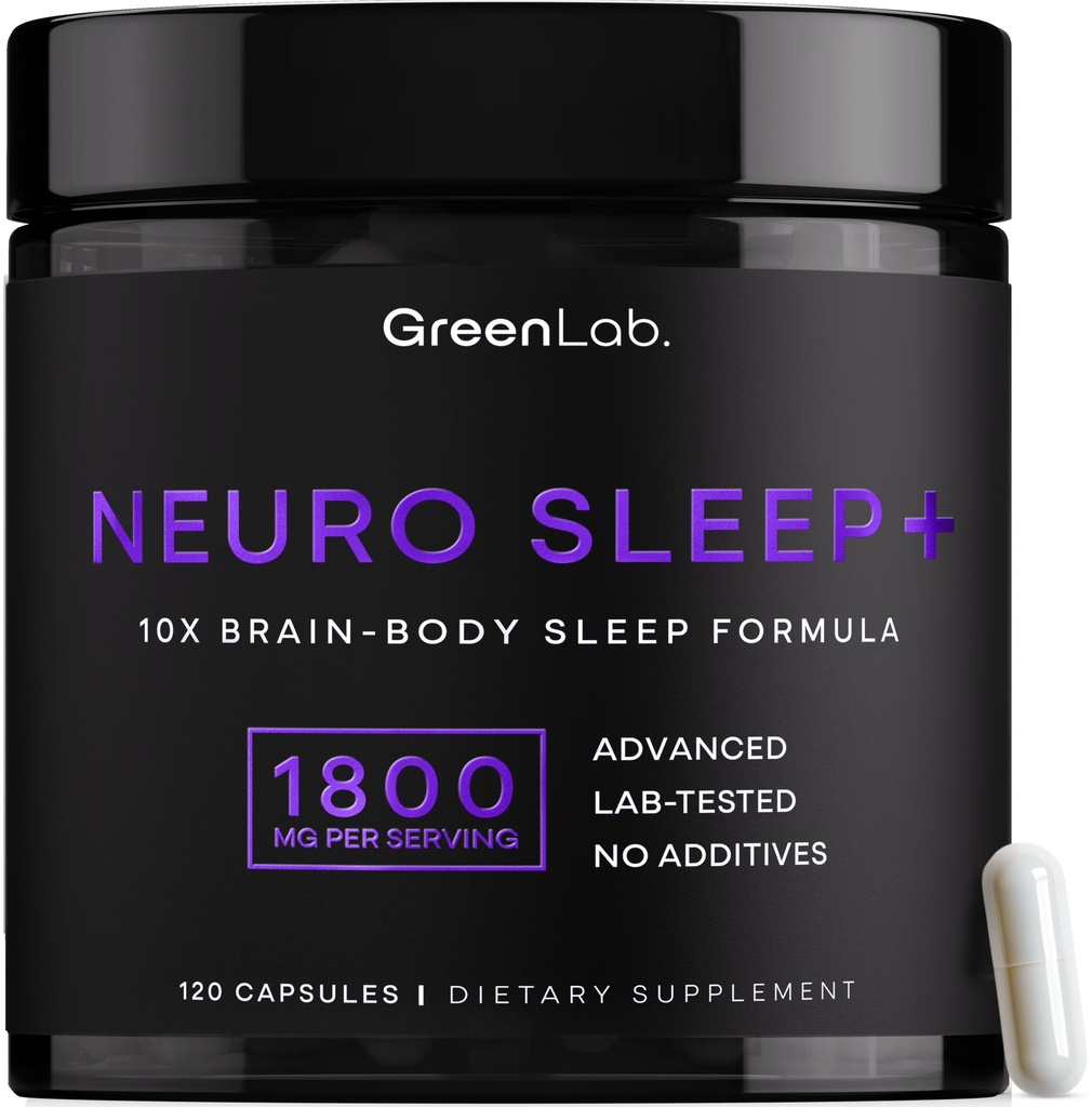 Green Lab® Neuro Sleep+ 10x Neuro-Body Sleep Aid Formula with GABA, L-Theanine, Ashwagandha, Melatonin and Magnesium | Sleep Supplement for Relaxation and Night Recovery - 120 Capsules