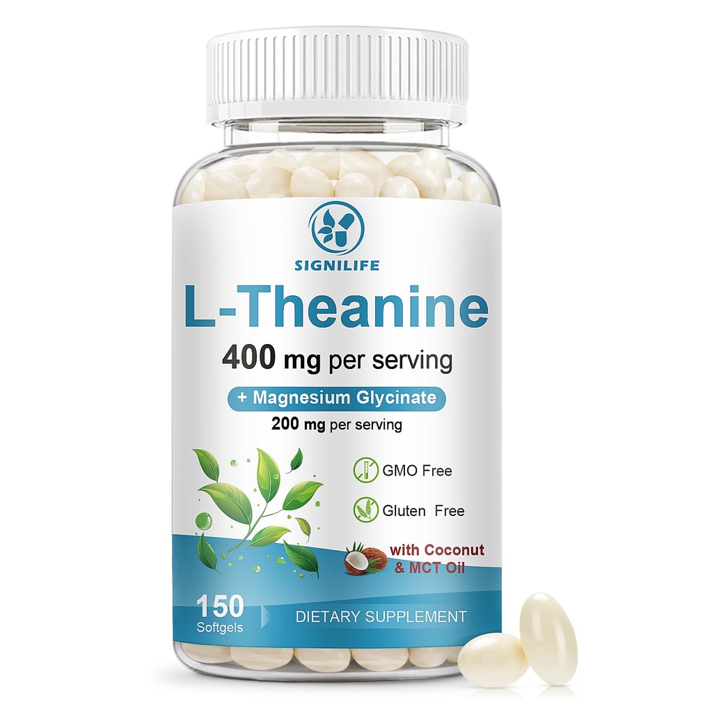 L-Theanine 400mg with Magnesium Glycinate, 150 Softgels Extra Strength with MCT Oil for Calm, Relaxation & Focus Support - Non-GMO,Gluten & Soy-Free,75-Day Supply