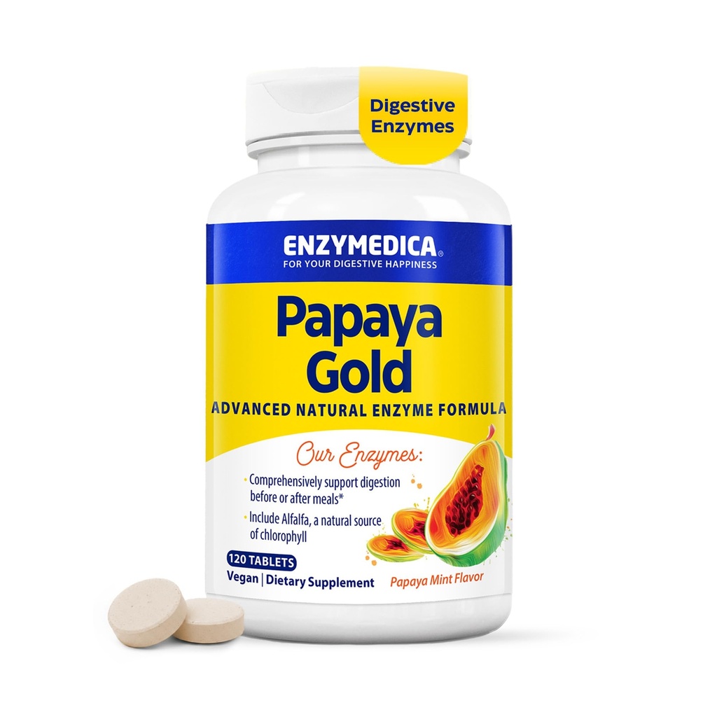 Enzymedica Papaya Gold, geavanceerde spijsverteringsenzymen met natuurlijke organische Papaya & Chlorofyl voor uitgebreide digestie ondersteuning, hoge potentie bromelain & Papain, Vegan, munt, 120 kauwtabletten