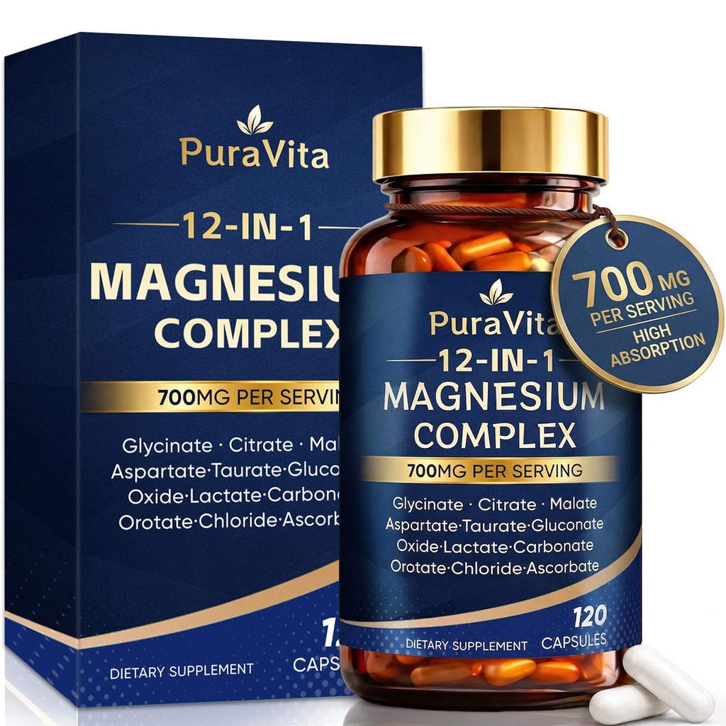Puravita 12 in 1 Magnesium, Magnesium 12-in-1 Complex, 700mg High-Absorption Blend for Men & Women, with Glycinate, Citrate, Malate, Taurate & More, Supports Relaxation & Daily Energy, 120 Capsules