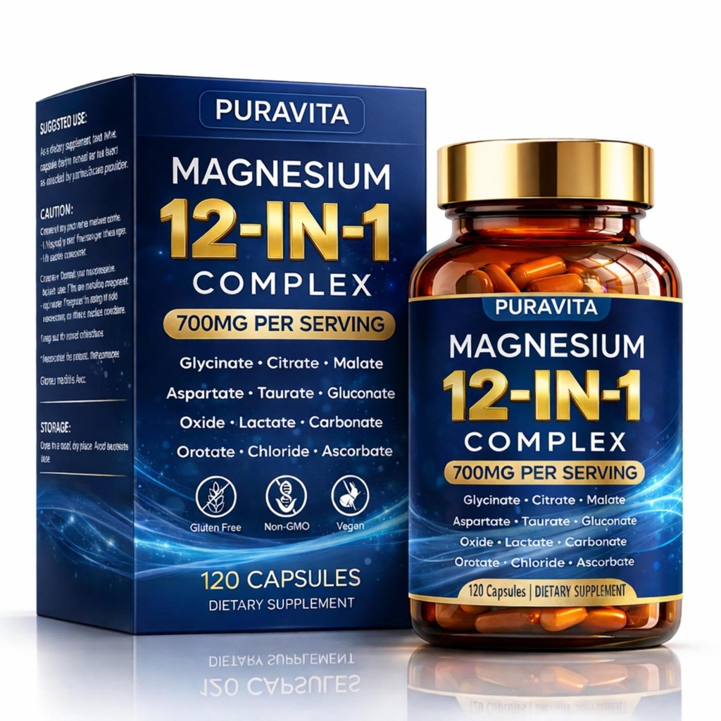 Puravita Magnesium Complex, Puravita 12 in 1 Magnesium Supplement 700mg with Glycinate, Citrate, Malate, Oxide, Taurate & More – High Absorption for Muscle, Nerve & Sleep Support, 120 Capsules