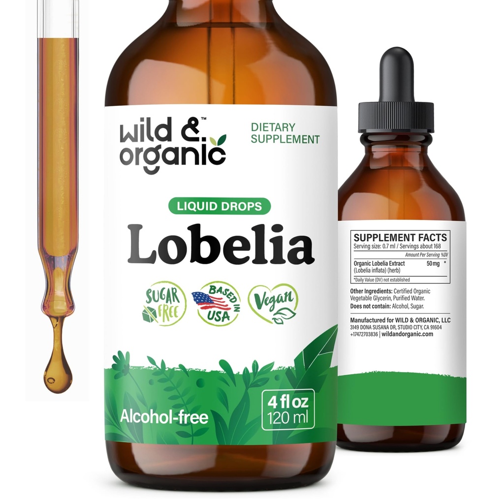 Wild & Organic Lobelia Tinctuur - Lung Detox and Cleanse - Liquid Lobelia Herb Supplement - Vegan, Sugar & Alcohol-Free Leaf Extract Drops - 4 fl oz