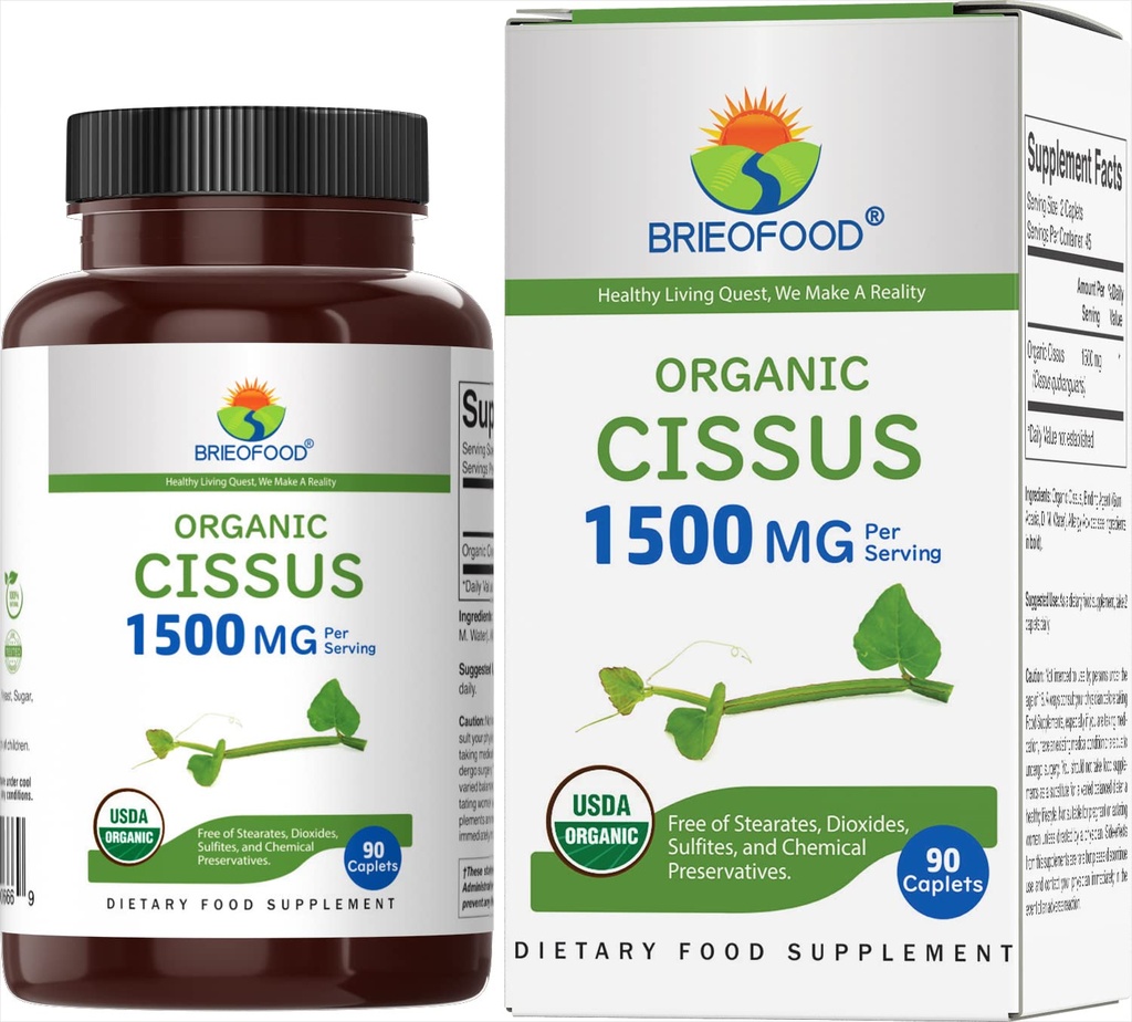 Brieofood Biologische Cissus Quadrangularis 1500mg, 45 Servers, Vegetarisch, Glutenvrij, 90 Vegetarische tabletten