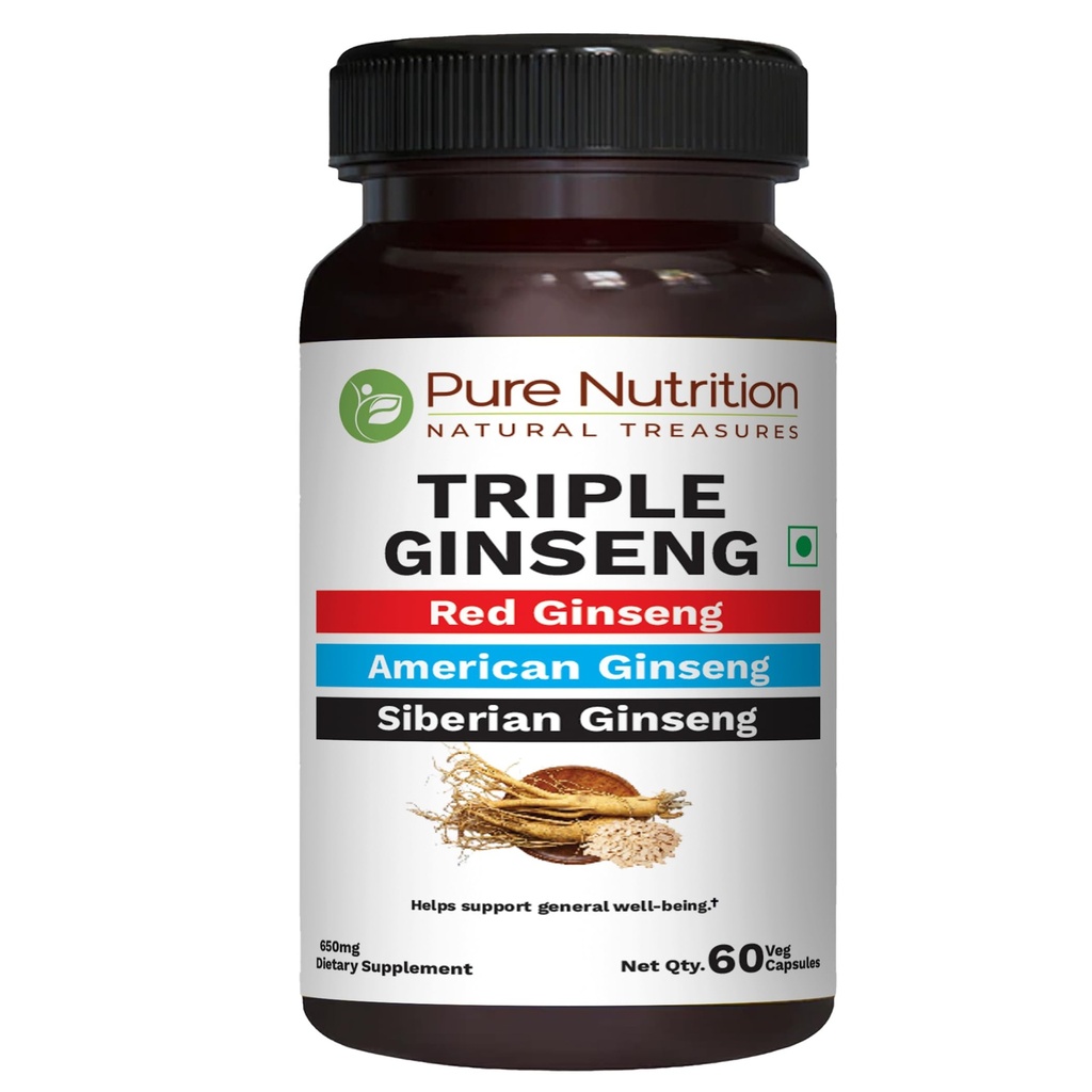 Pure Nutrition Triple Ginseng - une combinaison unique et efficace de Ginseng rouge, Ginseng américain et Ginseng sibérien. 790mg par gélule