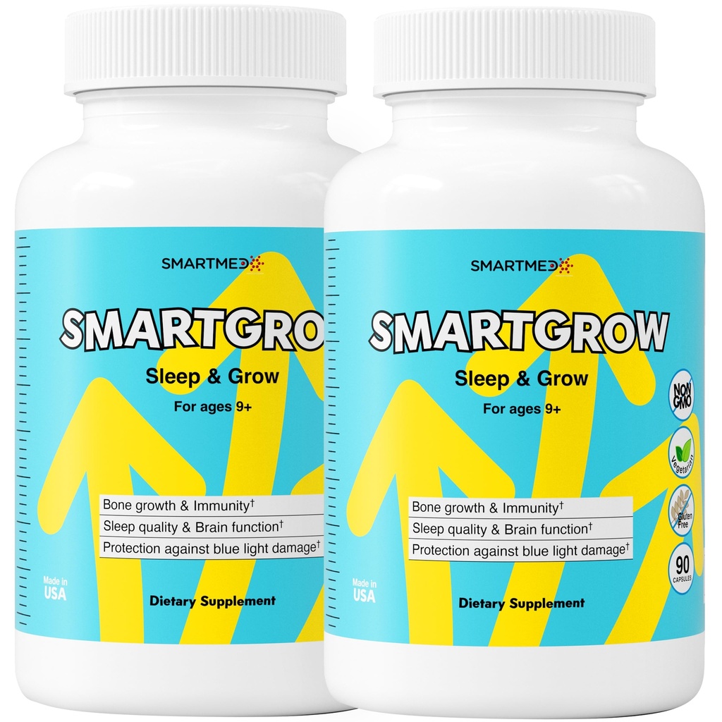 SmartGrow Premium Growth Formula for Teens – Bone, Brain, Sleep & Eye Support – Calcium, Vitamin D3, L-Theanine – Daily Wellness Supplement (180 Capsules) – 3 Month Supply