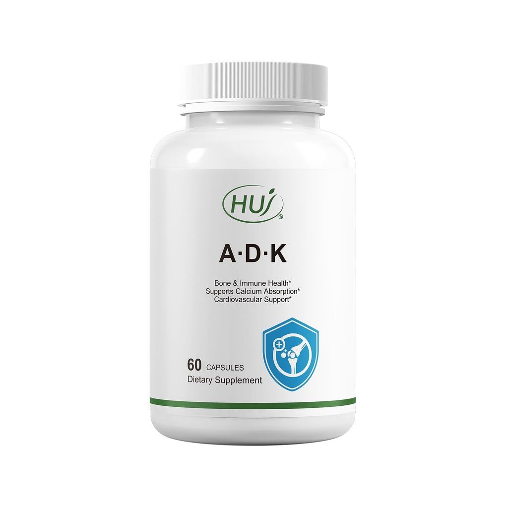 HUJ ADK Supplement, 60 Capsules, Calcium, Vitamins A, D3, K2 (MK-7)