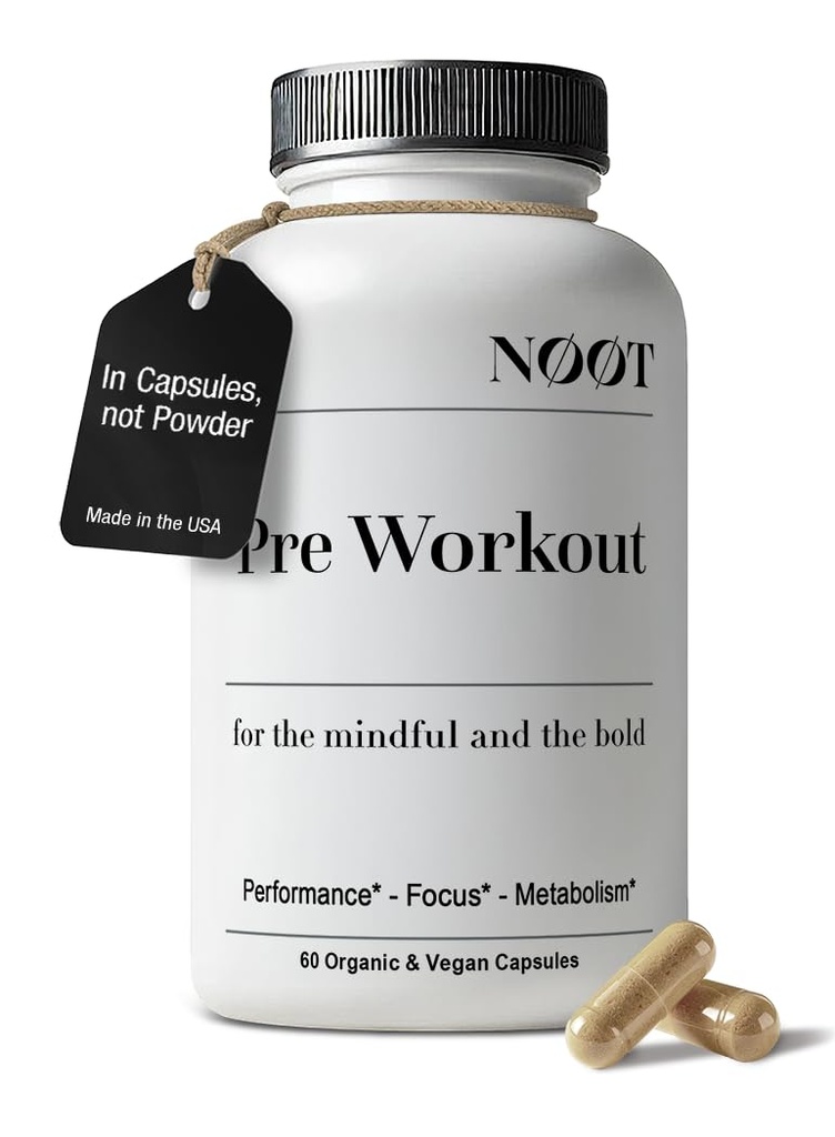 NOOT Pre Workout – Natural Pre Workout Supplement, Caffeine-Free, PreWorkout with L-Carnitine, Magnesium Taurate & Green Tea Extract for Endurance & Fat Burning for Women and Men, 60 Organic Capsules