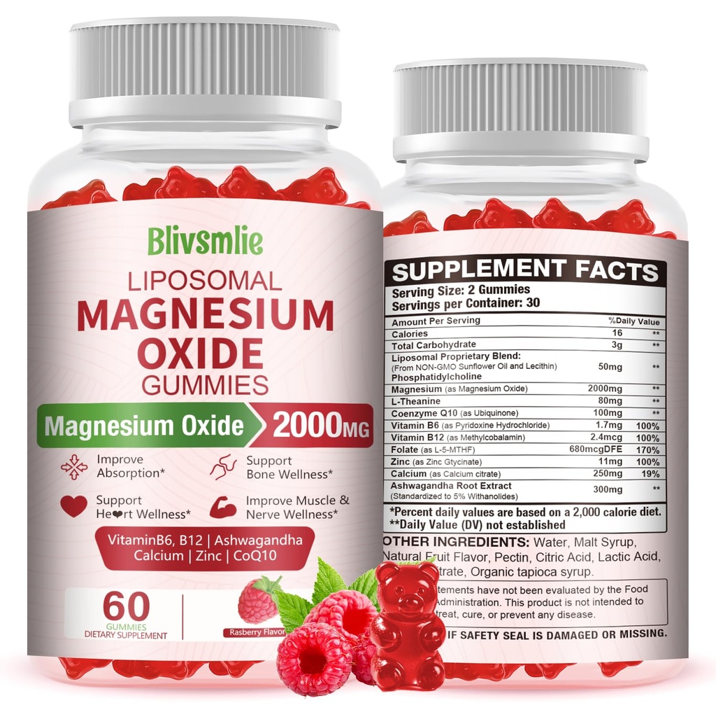 Liposomal Magnesium Oxide Gummies 2000mg Complex Ashwagandha,CoQ10, L-Theanine, L-5-MTHF, Methyl B12, Zinc for Sleep & Energy,Stress Relief,Heart Health,Neuro Support