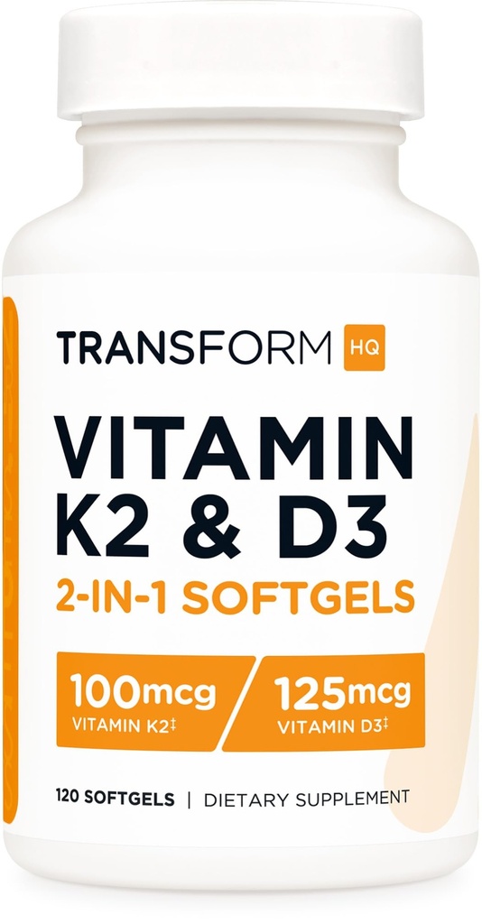 TransformHQ Vitamine K2 (MK7) (100mcg) + Vitamine D3 (5000 IE) 120 Softgels - Glutenvrij en niet-GMO