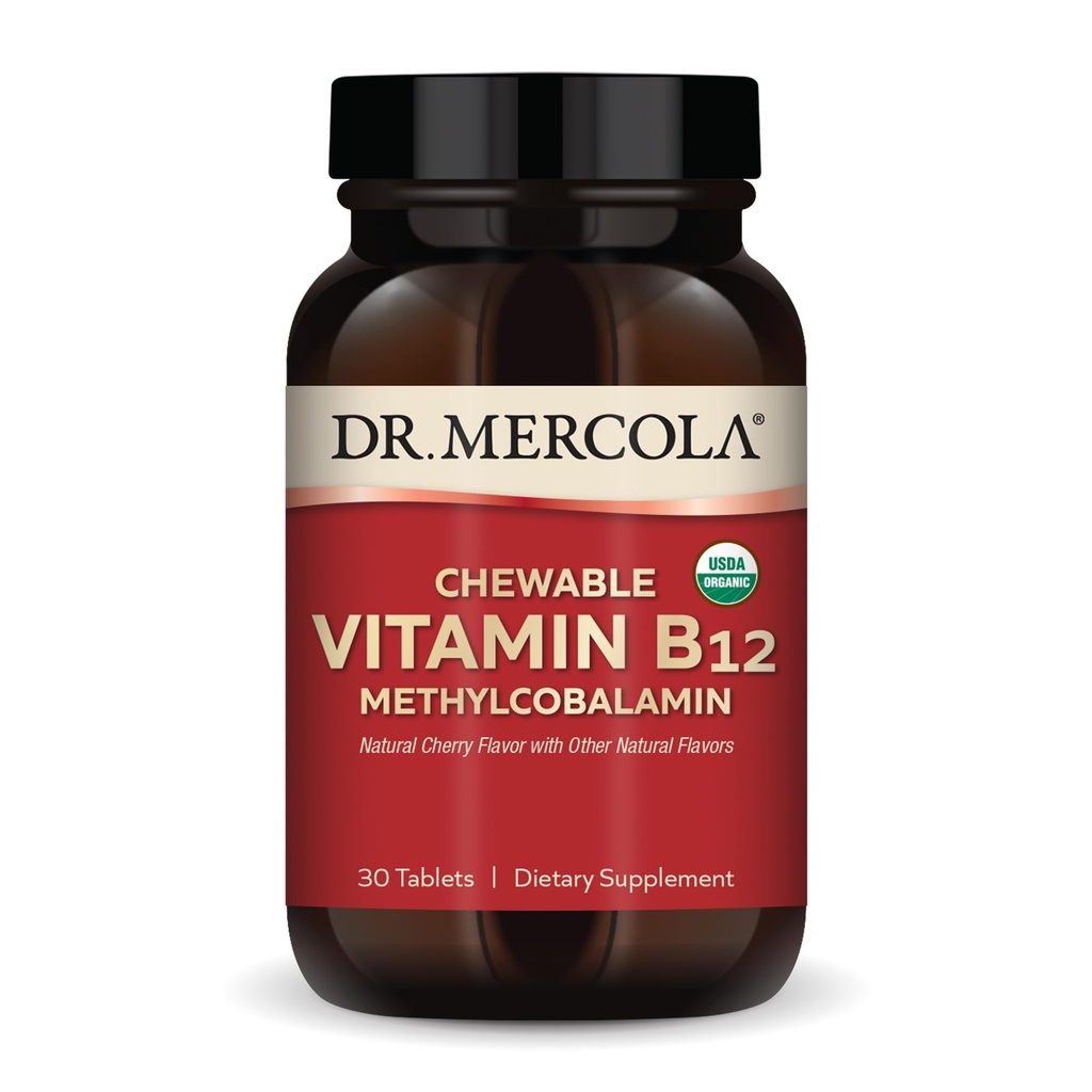 Dr. Mercola Organic Chewable Vitamin B12 Dietary Supplements, 30 Servings (30 Tablets), Natural Cherry Flavor with Other Natural Flavors, Non GMO, Gluten Free, Soy Free, USDA Organic