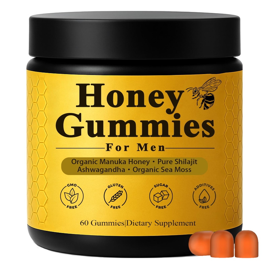 Honey Gummies for Men, Vitality Booster Manuka Honey Gummies, with Shilajit, Ashwagandha, Sea Moss, Improves Endurance, Lowers Cortisol, Reduces Fatigue, Vegan, Non-GMO (60 Gummies) (1)
