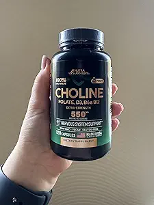 NUTRAHARMONY Supplément de choline - Bitartrate de choline Valeur quotidienne de 100 % - Complexe 5-en-1 avec folate, Vitamines D3, B6 et B12 - Vegan, Non-OGM - 120 capsules