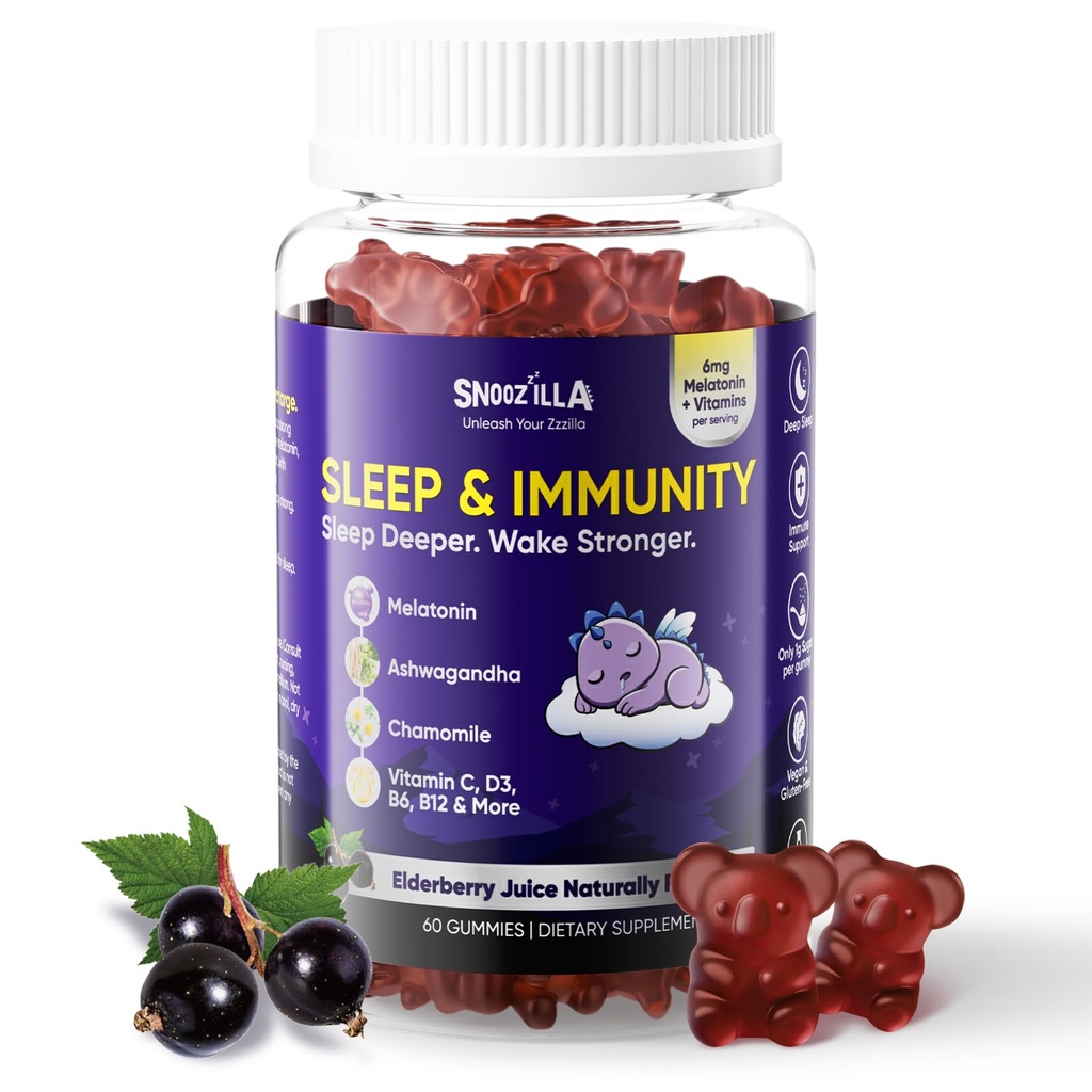 Sleep Gummies for Adults with Melatonin + Chamomile & Ashwagandha | Elderberry + Vitamins C, D3, B6, B12 & Folate | Vegan, Gluten-Free | 60 Gummies (30 Servings)