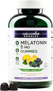 NatureWise Melatonine Gummies 5mg - Non-Habit vormen van slaap Ondersteuning Supplement met Ashwagandha, Valeriaan wortel - BlackBerry-Citroen Smaak - Veganistisch, Glutenvrij, Non-GMO - 180 Tellen[90-Day Supply]