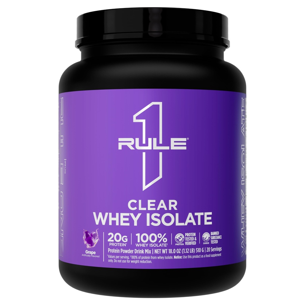 Rule 1 Proteins Clear Whey Isolate - 20g All-Whey Isolate Protein Mix, Over 9g EAAs, 90 Calories, Zero Sugar, Easy to Digest, Light, Crisp, and Refreshing Taste (20 Servings, Grape)