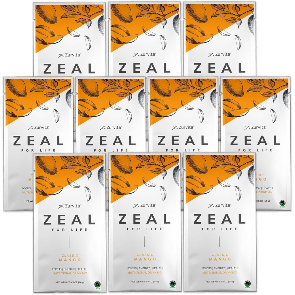 Zurvita - Zeal for Life Wellness Drink Mix - Classic Mango Smaak - Glutenvrij, Veganistisch, met Biotine, Vitaminen en Mineralen voor de gezondheid - 10 Pakketten