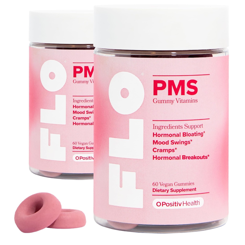 O Positiv FLO PMS Gummies for Women - Proactive PMS Relief - Targets Hormonale Breakouts, Bloating, Krampen, & Mood Swings with Chasteberry, Vitamine B6, & Lemon Balm - PMS Gummies (Pack of 2)