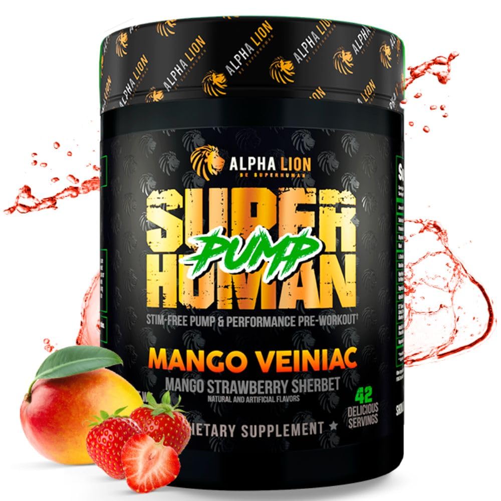 ALPHA LION Superhuman Pump Pre Workout Powder, Nootropic Cafeine & Stim Free Preworkout Supplement, Nitric Oxide Booster, Muscle Gainer, Energy & Focus (42 Servers, Mango Veiniac Flavor)