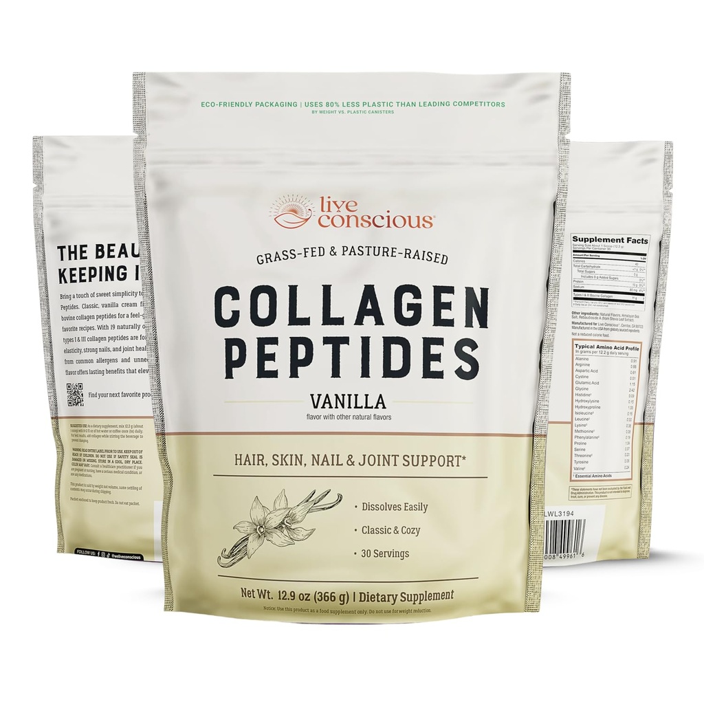 Live Conscious Collagen Peptides Powder - Vanilla Flavored Collagen - Hair, Skin, Nail, & Joint Support - Type I & III Grass-Fed Collagen Supplements for Women and Men - 30 Servings - 13oz (2-Pack)