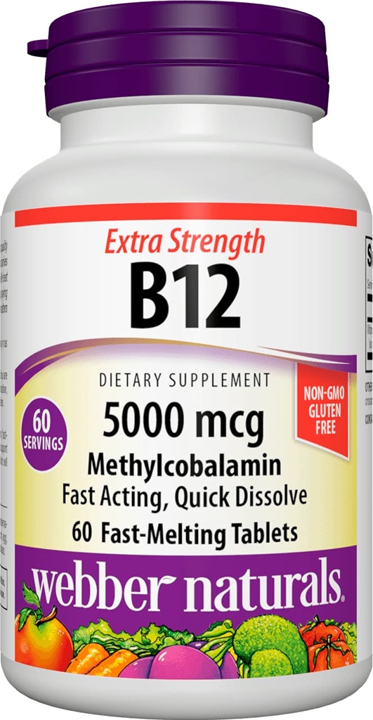 Webber Naturals Vitamine B12 5000 mcg, 60 Telling, Fast Solution Tablets, Vitamine Supplement Ondersteuning voor Energie Metabolisme, Immune en Hart Gezondheid, Vegetarische Formule, 60 Dagen Levering