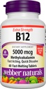 Webber Naturals Vitamine B12 5000 mcg, 60 Telling, Fast Solution Tablets, Vitamine Supplement Ondersteuning voor Energie Metabolisme, Immune en Hart Gezondheid, Vegetarische Formule, 60 Dagen Levering