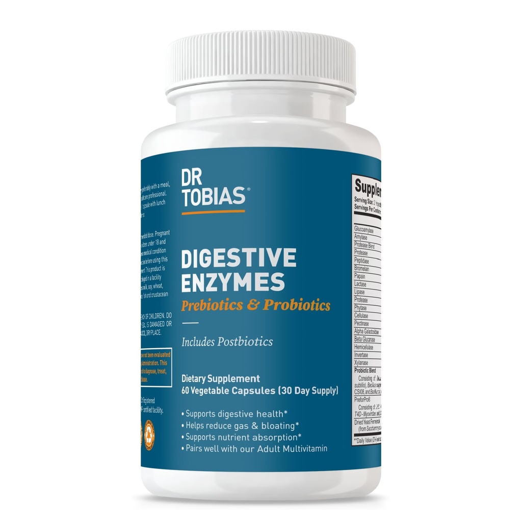 Dr. Tobias Digestieve Enzymen met Probiotica, Prebiotica en Postbiotica Bromelain, Amylase, Lipase, voor betere spijsvertering & Immuunfunctie, 60 capsules, 30 porties (2 dagelijks)