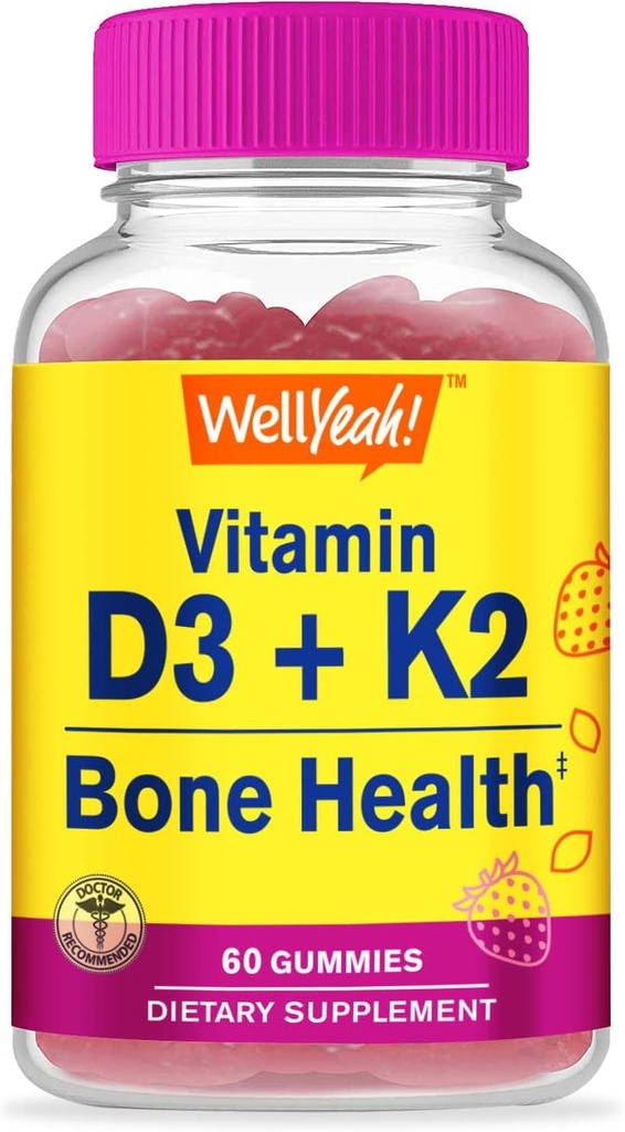WellYeah Vitamine D3 + K2 Gummies - Vitamine D3 1000 IE, K2 100 MCG - Bot- en spiergezondheidsondersteuning, natuurlijke smaken, GGO-vrij, glutenvrij, veganistisch - K2 D3 Vitaminesupplement- 60 Gummies