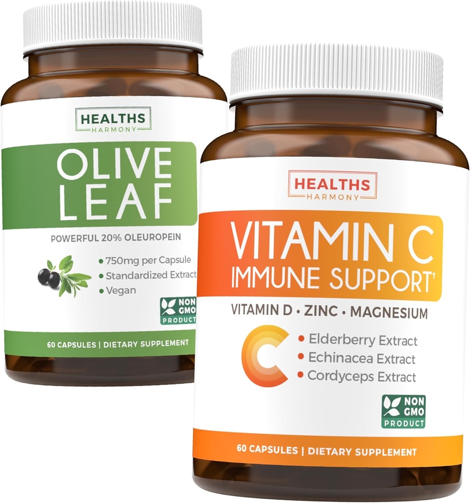 Bespaar $4 (12% korting) - Herbal Immune Bundle - Olive Leaf Extract (Non-GMO) Super Sterkte: 20% Oleuropein 750mg caps en Immune Support - Vitamine C met Zink, Vitamine D, Vlierbessen & Echinacea (Non-GMO)