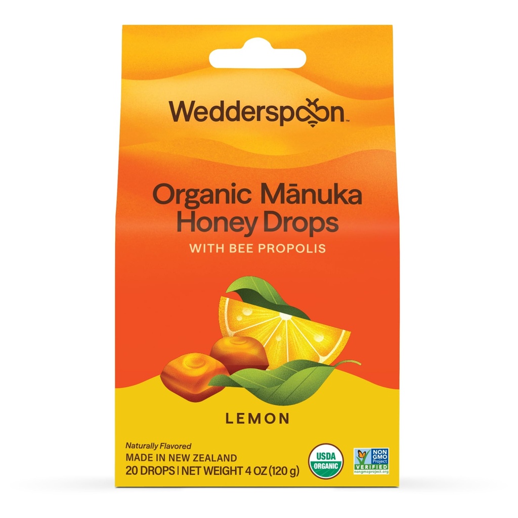 Wedderslepel Biologische Manuka Honey Drops, Lemon & Bee Propolis, 20 Graaf (pakket van 1) 