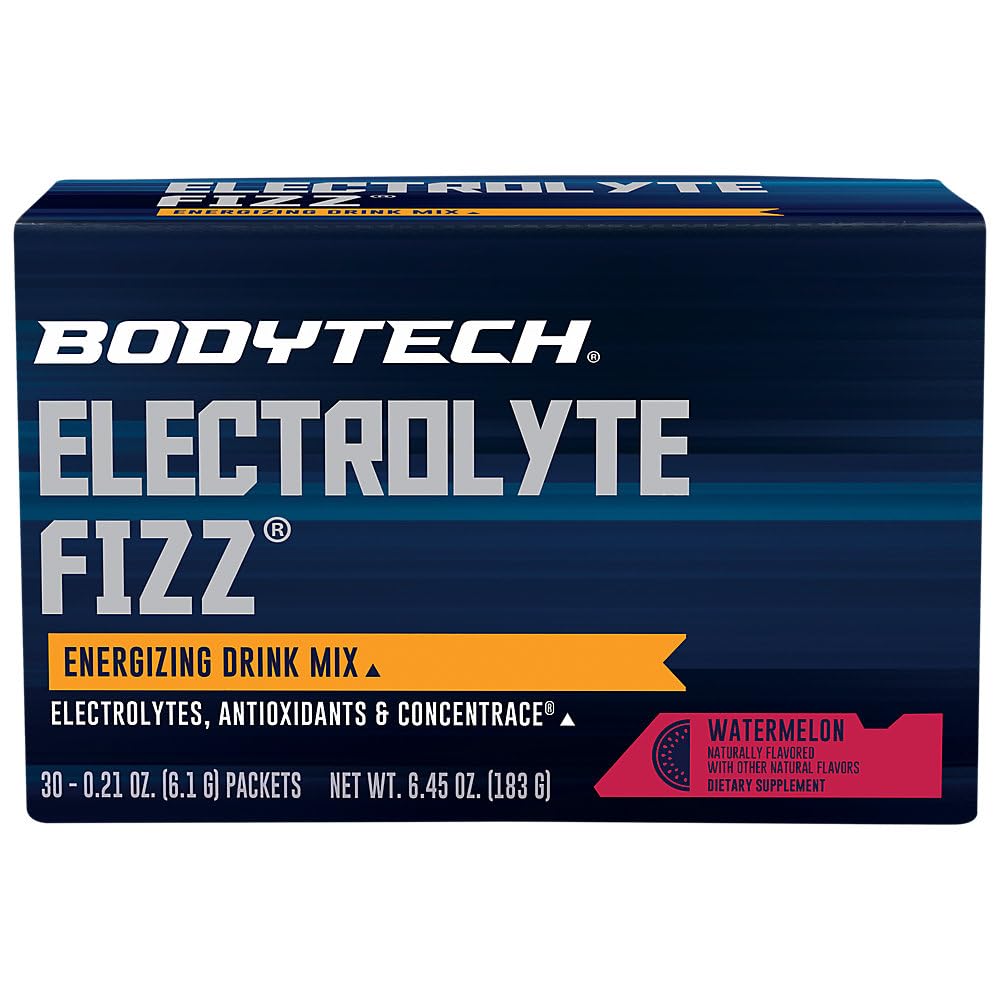 BodyTech Electrolyte Fizz Packets, Hydration & Energy Drink Mix with Electrolytes, 1200 mg Vitamin C & ConcenTrace, Watermelon Flavor, 30 Single-Serve Packets