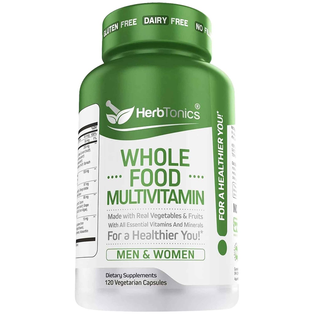 Herbtonics Whole Food Multivitamin for Men & Women – Vegan Multivitamin with Real Fruits & Veggies, Probiotics, CoQ10, Turmeric & More – 120 Capsules