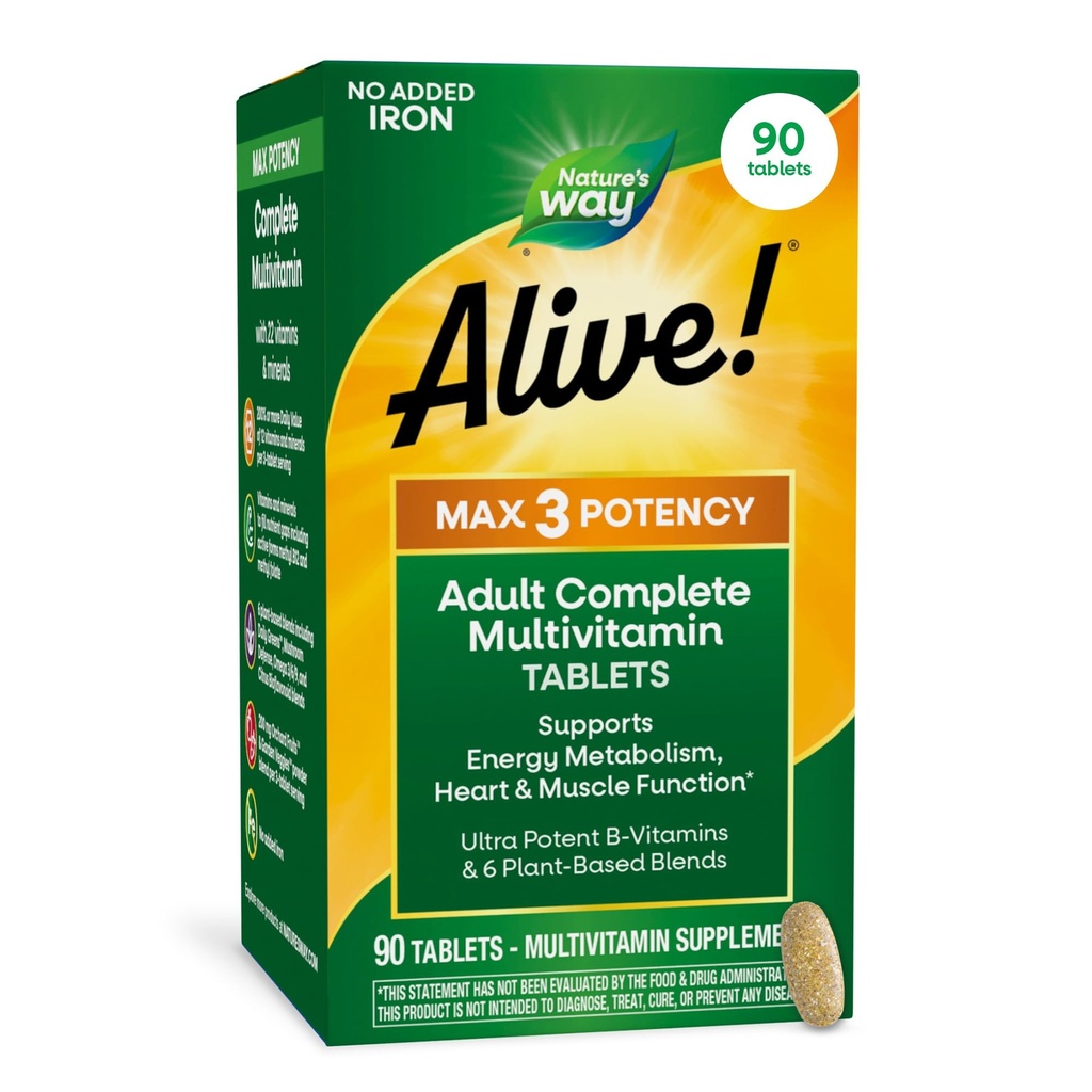 Nature's Way Alive! Max3 Potency Daily Multivitamin, High Potency Adult Multivitamins to Support Cellular Energy Metabolism, Heart, and Muscle Function for Women & Men*, No Iron Added, 90 Tablets
