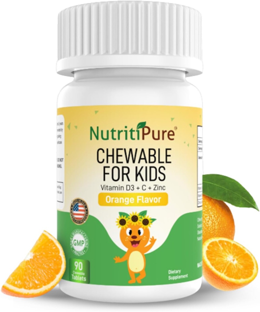 Kauwbaar vitamine D3 (Cholecalciferol) 25 mcg (1000 IE) + zink (Zinc citraat) 5mg + vitamine C 30mg voor kinderen Oranje smaak 90/fles (1)