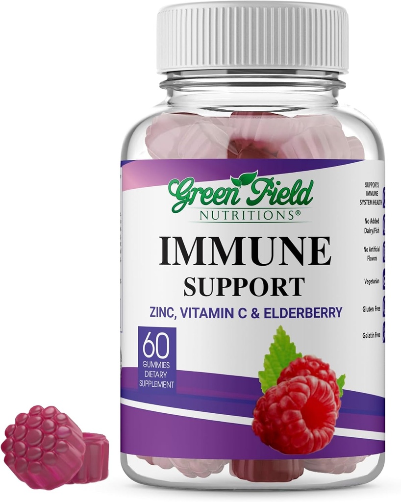 Greenfield Nutritions Halal Immune Support Vlierbessen Gummies voor volwassenen - Ondersteunt uw immuunsysteem natuurlijk met halal zink en vitamine C Gummy - 60 Delicious Mixed Berry Gummies Halal Vitaminen