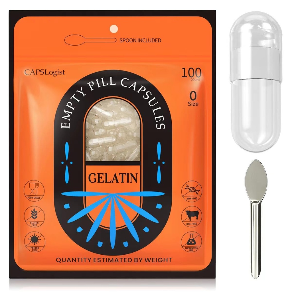 Pill Capsules Lege grootte 0, 100 Tell Gelatine Capsule met Micro Lab Lepel, DIY Pill Capsule Vulling, Glutenvrij en niet Globe Certified, Clear