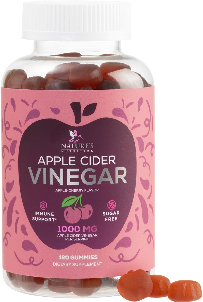 Vegan Apple Cider Vinegar Gummy 1000mg - Suikervrij ACV Gummies Vitaminen Supplement met Vitamine B12 voor energie - Keto Vriendelijke spijsvertering, Detox, Reiniging Ondersteuning - Gelatine-Free, Non-GMO - 120 Gummies