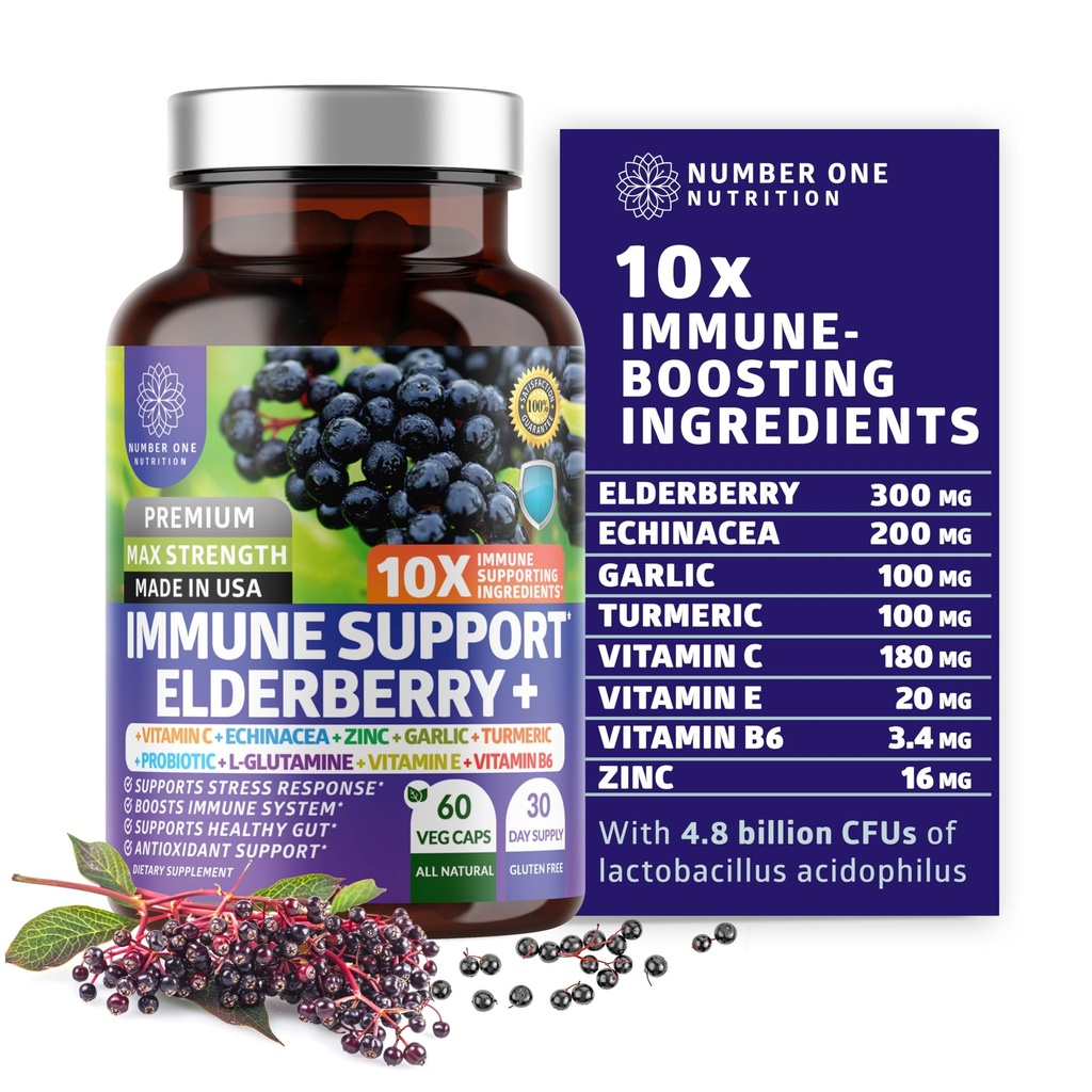 Premium 10 in 1 Immuun Ondersteuning Supplement [10 Potent Ingrediënten] met Vlierbessen, Vitamine C, Echinacea, Zink en Probiotica voor Immuun Ondersteuning, Gut Health en betere spijsvertering, 60 Veg Caps