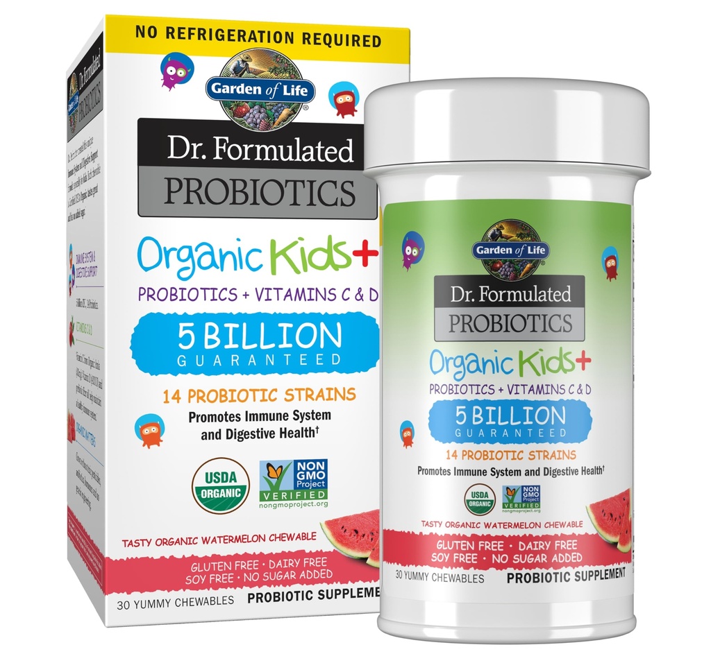 Garden of Life Dr. Formulated Probiotics Biologische Kids+ plus Vitamine C & D - Watermeloen - Gluten, Zuivel en Sojavrije Immune & Digestieve Gezondheid Supplement, Geen toegevoegde suiker, 30 Kauwtabletten (Shelf Stable)
