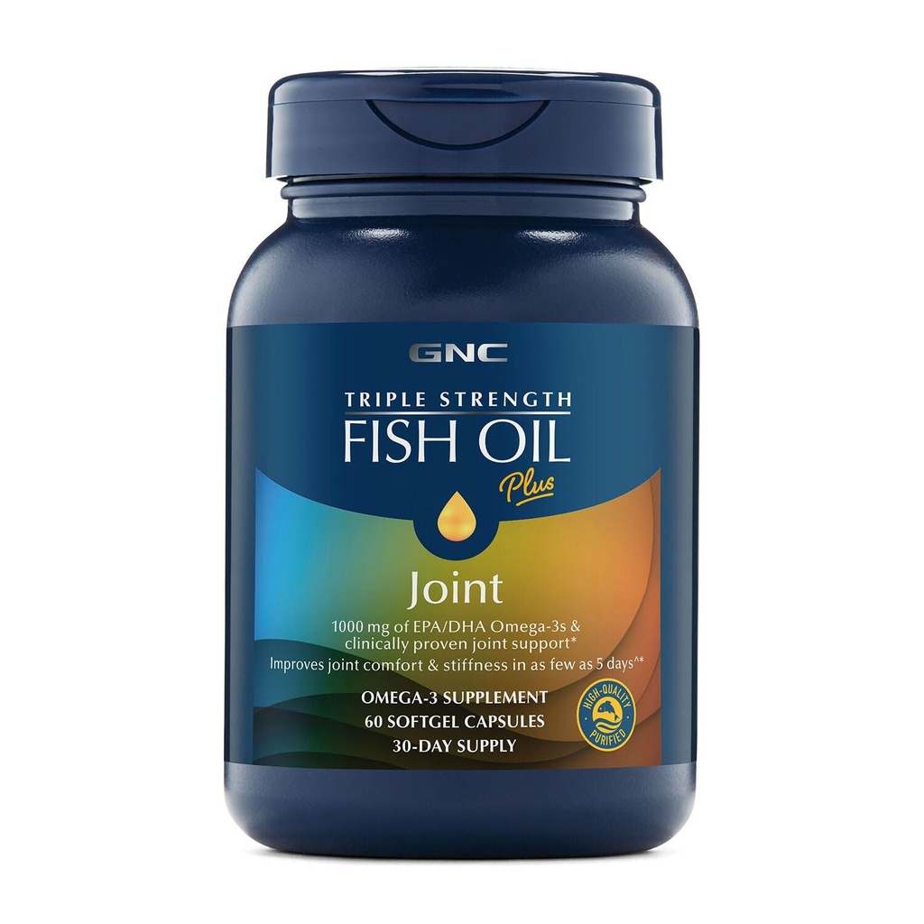 GNC Triple Strength Fish Oil Plus Joint Omega 3, 1000mg EPA en DHA, Heart Health, Plus Fast 5 Day Comfort, Hersenen, Huid en Oog, Antioxidanten en Botanische Extracten, Control Fish Burps, 30 porties