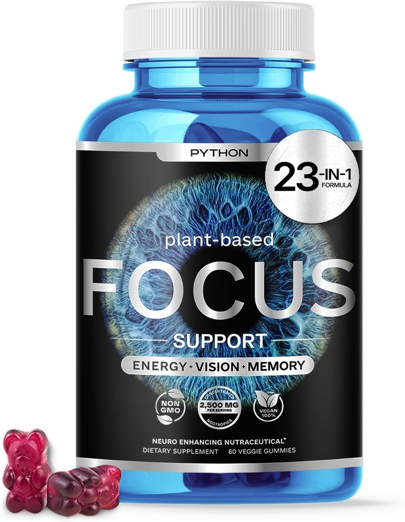 Focus Python - Supplément Cerveau Nootropique - Boost Mémoire, Concentration et Fonction Cognitive - 60 Chews Vegan avec Mane Lions, Lutéine et AREDS 2 Vitamines