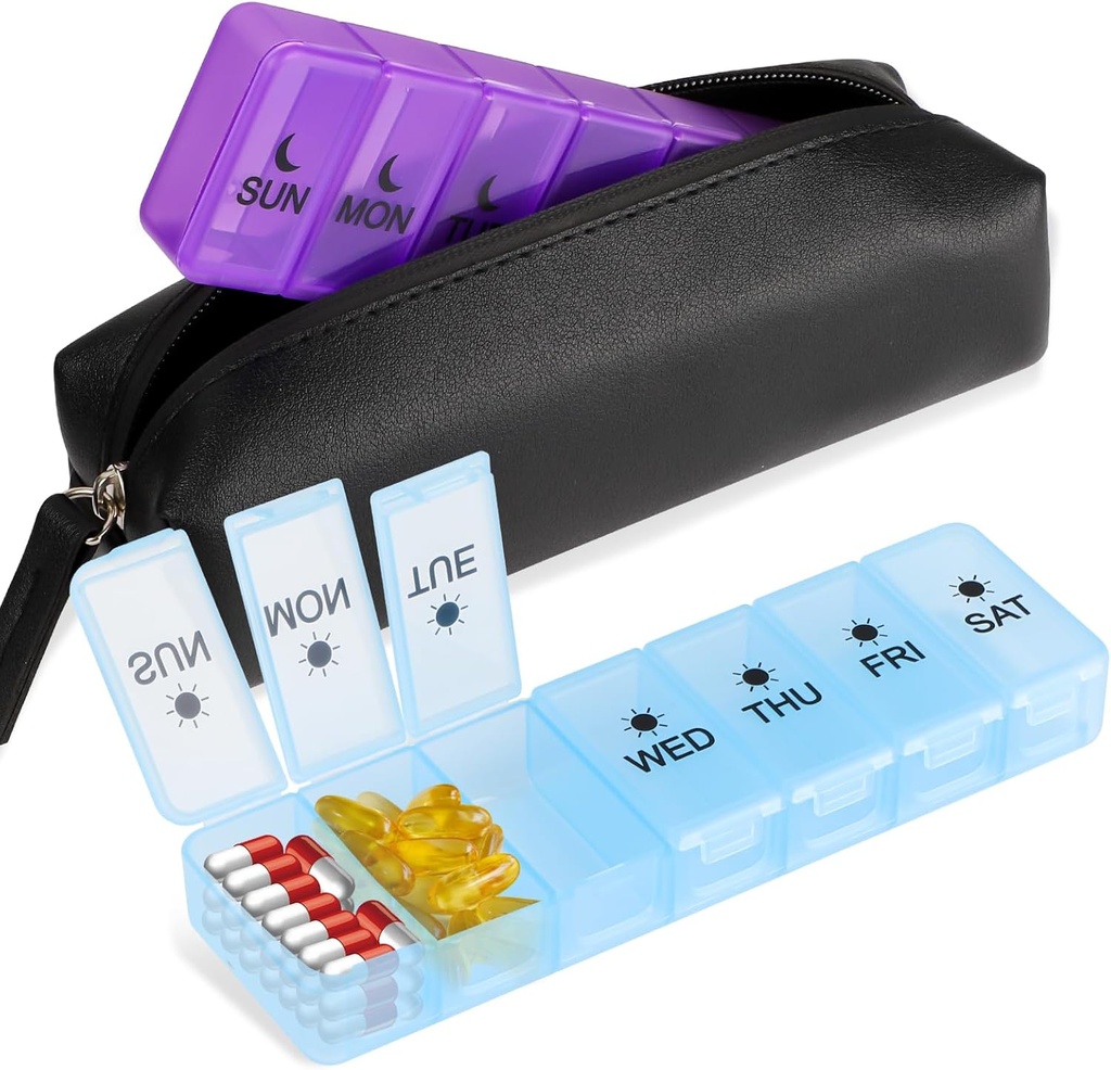 Afneembare 7 dagen pilsdoos, 14 Compartiments Medicine PP Storage Box, BPA-Free Travel Medicine Box met waterdichte zak, Twee keer een dag pil Case Box voor vitamine supplementen, en visolie
