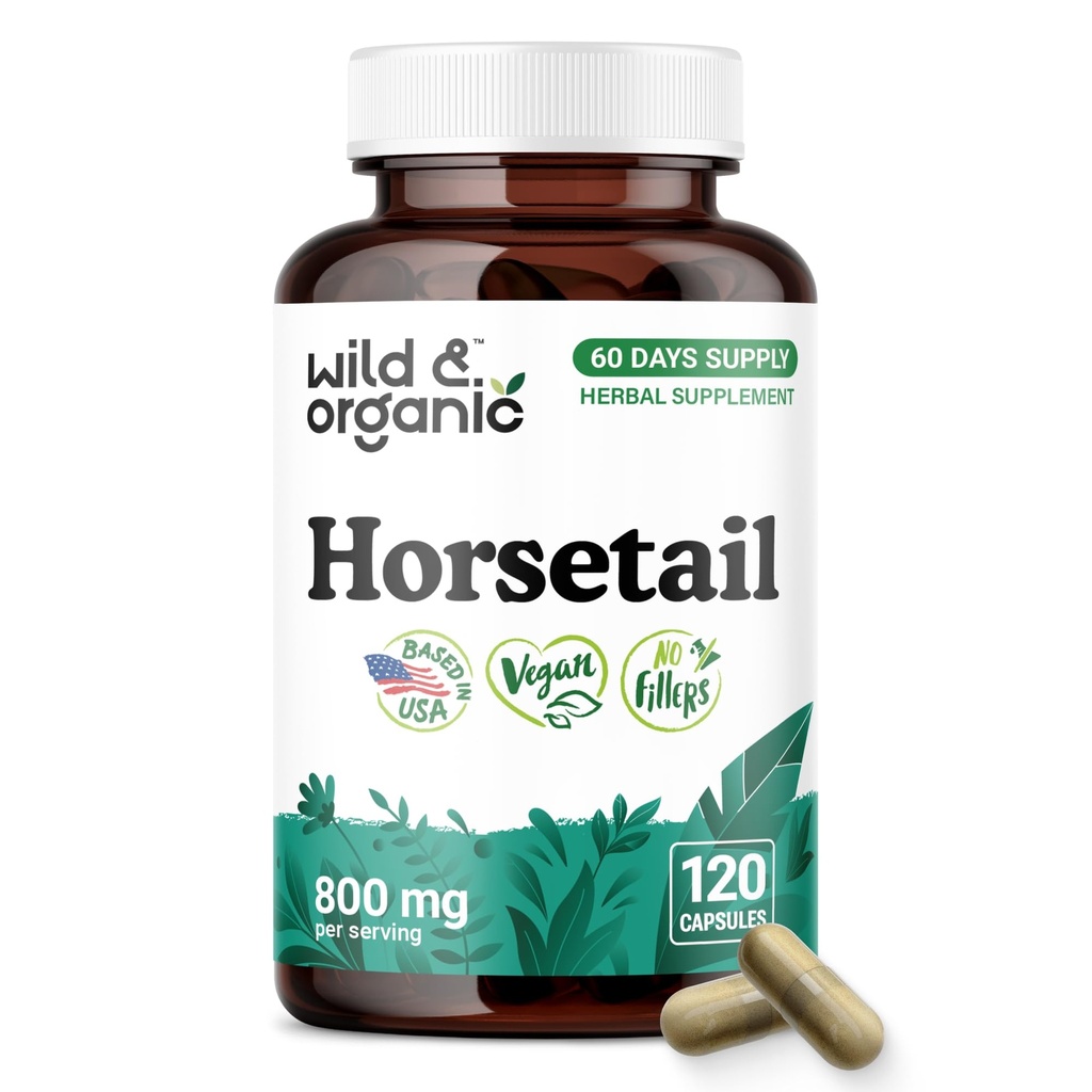 Wild & Organic Horsetail Herb Capsules 800 - Hair, Skin & Nail Support with Horsetail Extract Supplement - 120 Vegan Capsules - 2 Month Supply - No Fillers, Non-GMO